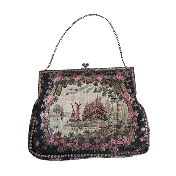 Vintage Tapestry Needlepoint Purse Castle Boat  Turn Closure Satin Lining France - Picture 2 of 8